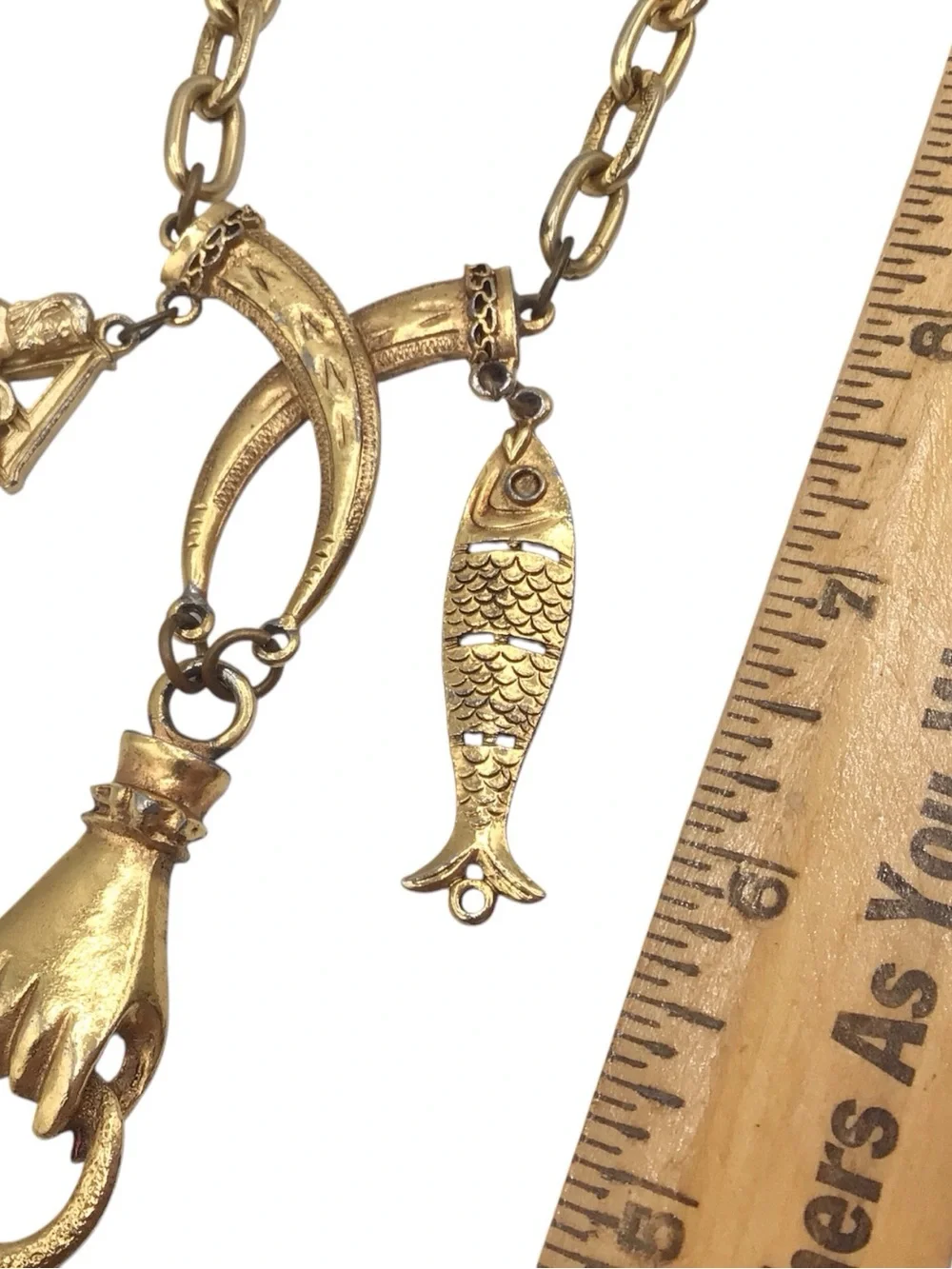 Vintage Gold-tone Hand Charm Talisman Necklace, Fish, Mermaid, Clover